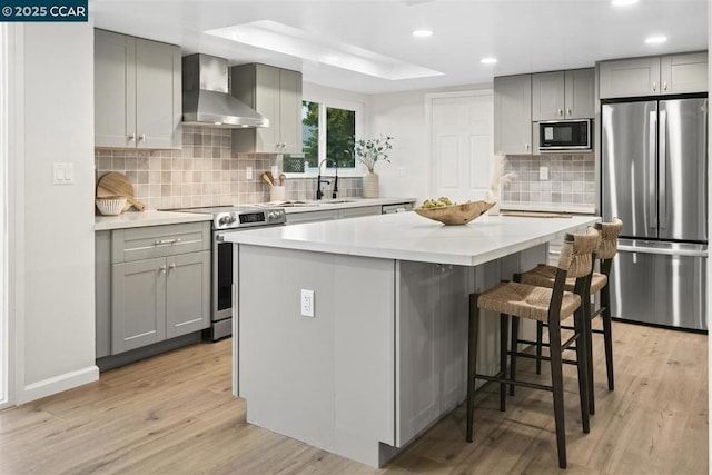 kitchen with a kitchen island, appliances with stainless steel finishes, gray cabinets, and wall chimney range hood