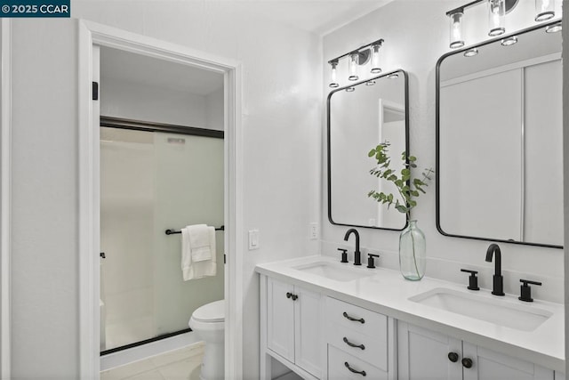 bathroom with vanity, toilet, and walk in shower