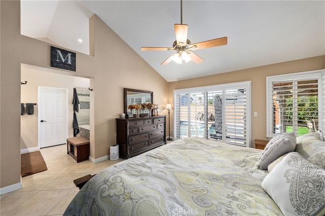 tiled bedroom featuring ceiling fan, access to exterior, and high vaulted ceiling