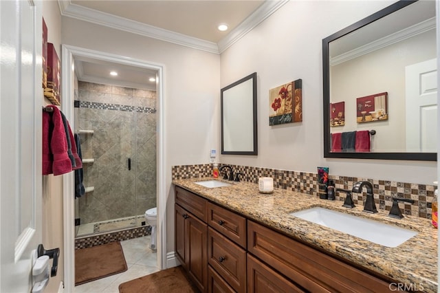 bathroom featuring walk in shower, toilet, ornamental molding, vanity, and backsplash