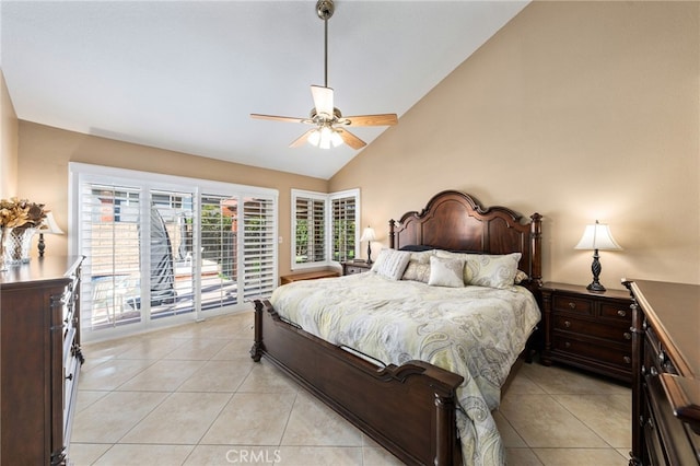 tiled bedroom featuring ceiling fan, access to exterior, and high vaulted ceiling