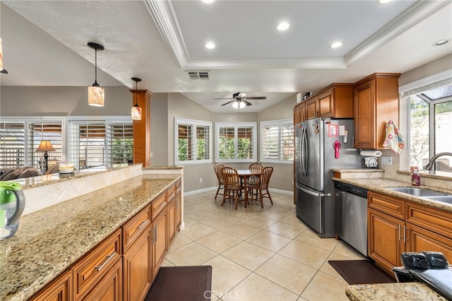 kitchen with sink, decorative light fixtures, stainless steel appliances, and a raised ceiling