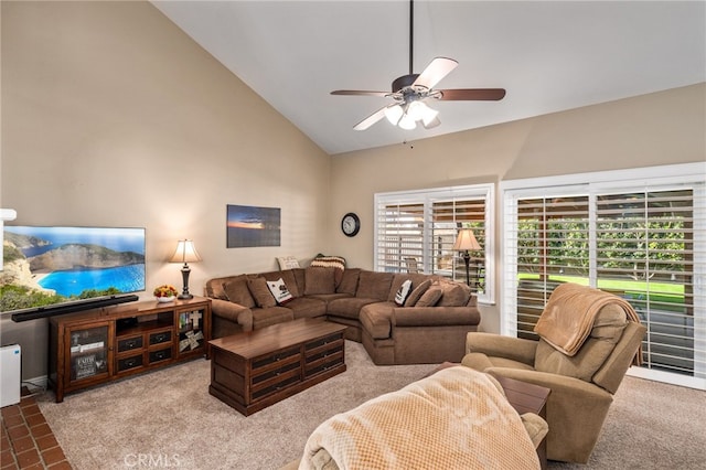 living room with high vaulted ceiling and ceiling fan