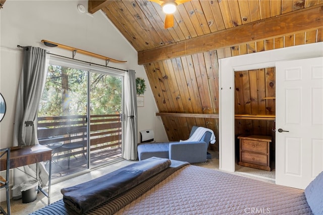 bedroom featuring wood walls, lofted ceiling with beams, wooden ceiling, light colored carpet, and access to exterior