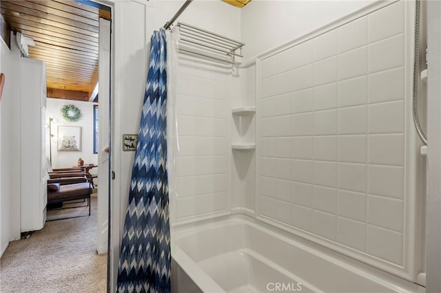 bathroom featuring wood ceiling and shower / bath combo