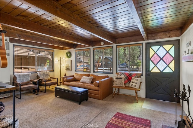 living room with beamed ceiling and wood ceiling