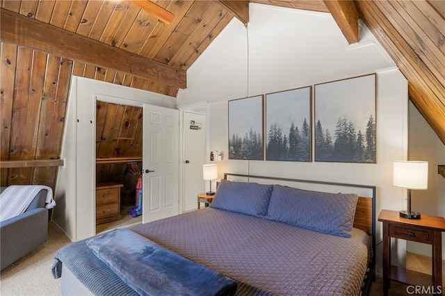 carpeted bedroom with beamed ceiling, wood ceiling, and high vaulted ceiling