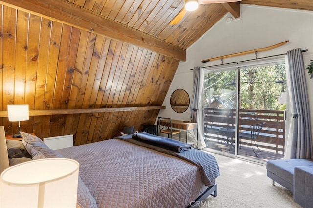 bedroom with access to exterior, vaulted ceiling with beams, carpet, wooden ceiling, and wood walls