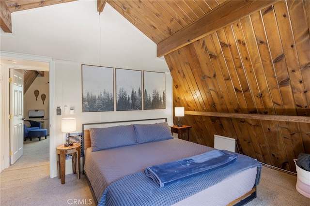 carpeted bedroom featuring wooden walls, high vaulted ceiling, wooden ceiling, and beamed ceiling