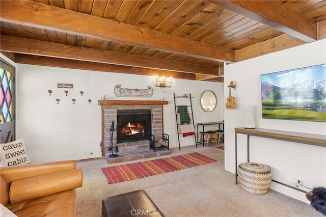 living room with beam ceiling, wooden ceiling, and carpet