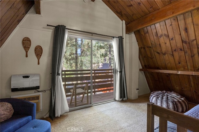 carpeted bedroom with wooden ceiling, vaulted ceiling with beams, access to exterior, and wood walls