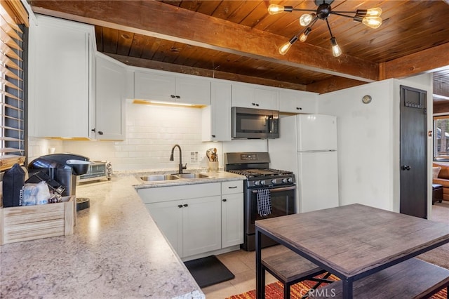 kitchen featuring range with gas stovetop, white cabinetry, sink, white fridge, and wood ceiling