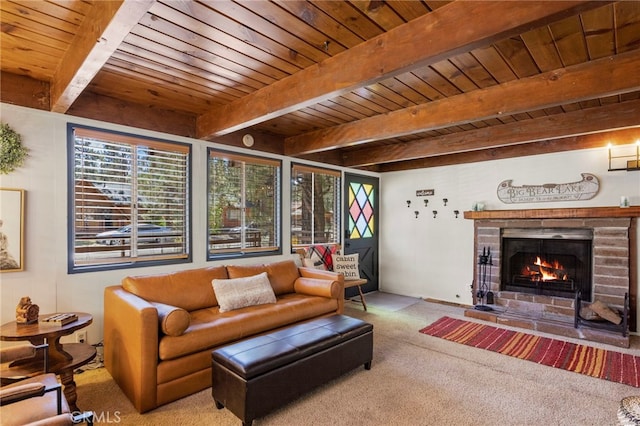 living room with wood ceiling, light colored carpet, and beamed ceiling