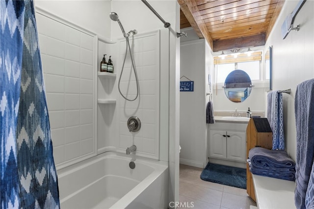 bathroom with shower / bath combination with curtain, tile patterned floors, vanity, and wooden ceiling