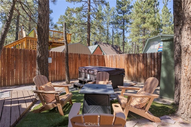 view of patio featuring a hot tub