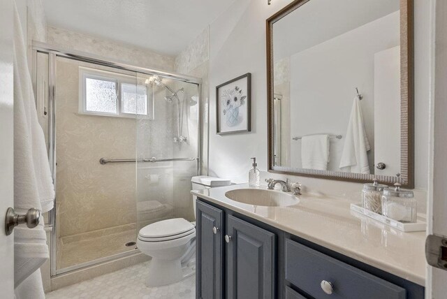 bathroom with vanity, toilet, and a shower with shower door