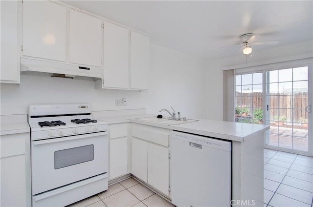 kitchen with sink, white cabinetry, light tile patterned floors, kitchen peninsula, and white appliances