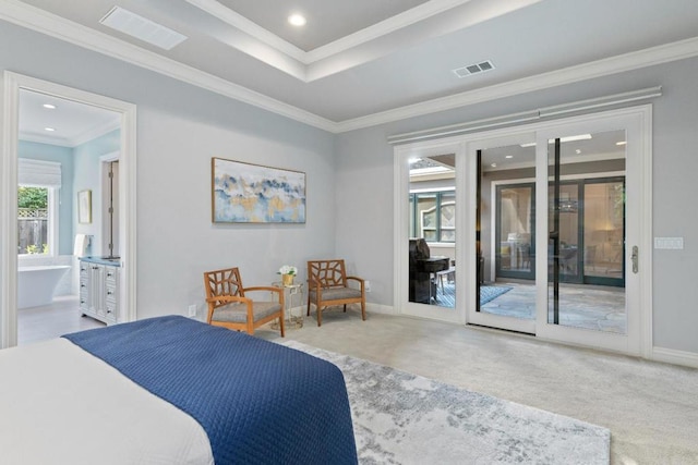 bedroom with crown molding, light colored carpet, access to exterior, and ensuite bathroom