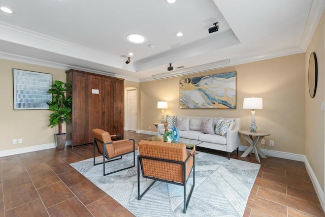 living room with crown molding and a raised ceiling