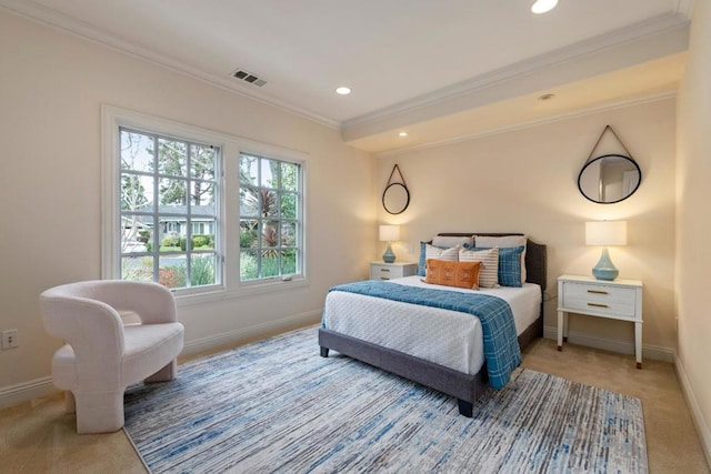 carpeted bedroom with ornamental molding