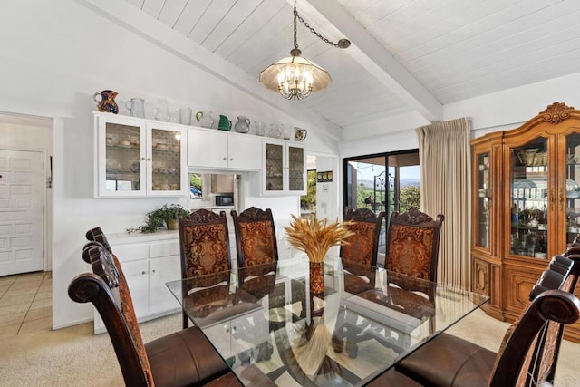 dining room with wooden ceiling, vaulted ceiling with beams, light tile patterned floors, and a notable chandelier