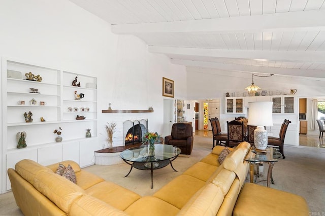 living room featuring light carpet, vaulted ceiling with beams, wooden ceiling, and a brick fireplace