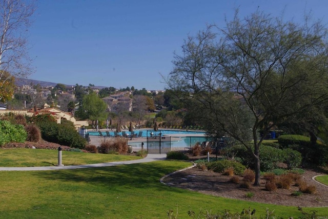 view of community featuring a swimming pool and a lawn