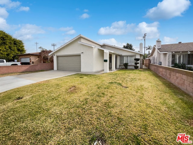 ranch-style home featuring a garage and a front lawn