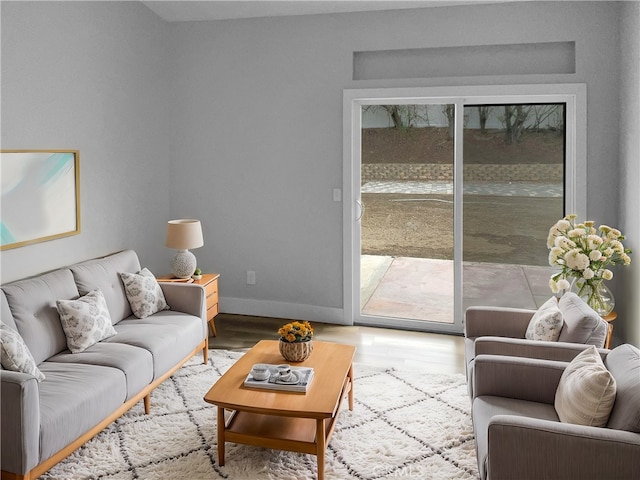 living room with a wealth of natural light and light hardwood / wood-style flooring