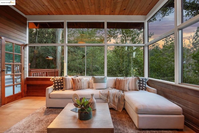 sunroom with wood ceiling