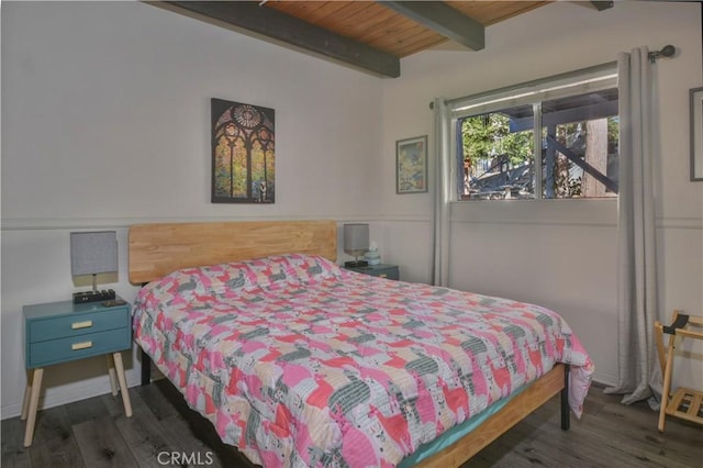 bedroom featuring dark wood-type flooring, wooden ceiling, and beam ceiling