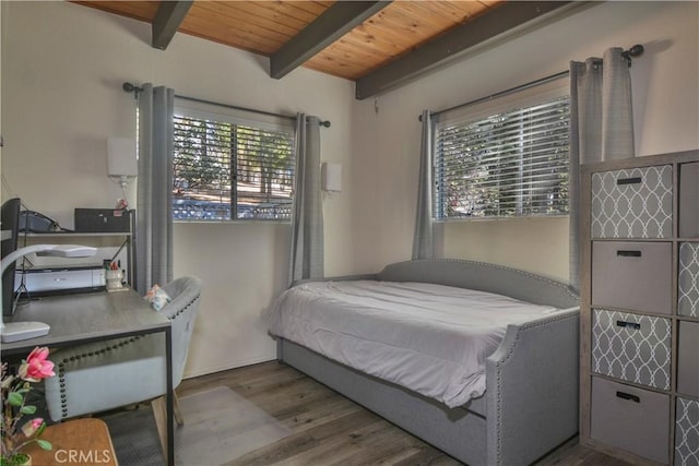 bedroom featuring wood ceiling, beam ceiling, and hardwood / wood-style flooring