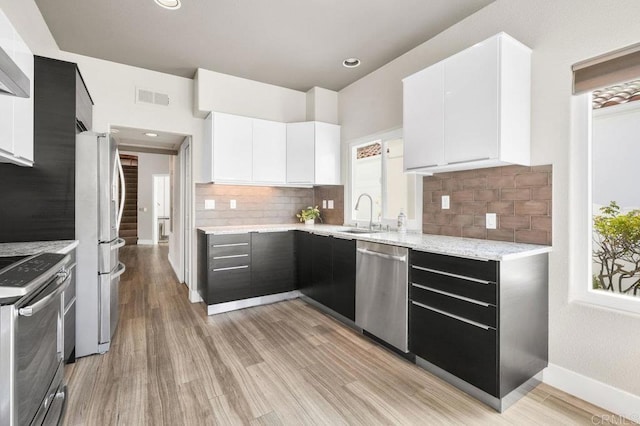 kitchen with white cabinetry, appliances with stainless steel finishes, sink, and light hardwood / wood-style floors