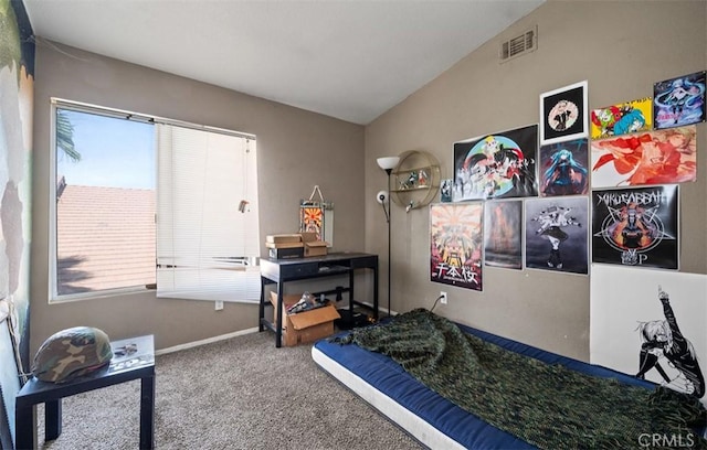 interior space with carpet flooring and vaulted ceiling