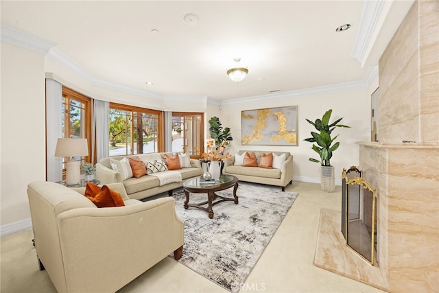 carpeted living room with crown molding and a premium fireplace