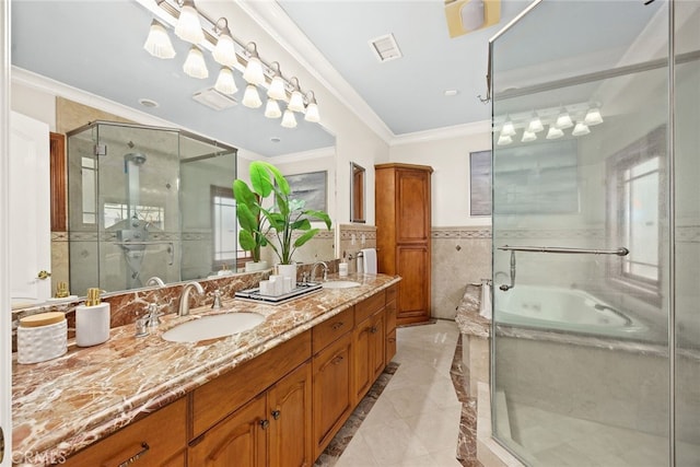 bathroom featuring crown molding, vanity, and plus walk in shower