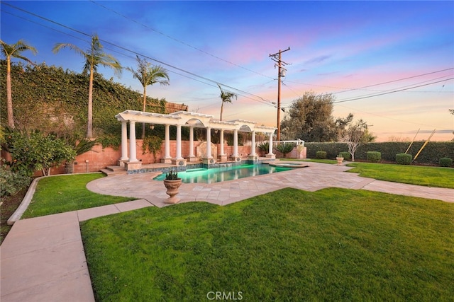 pool at dusk featuring a patio, a pergola, and a lawn