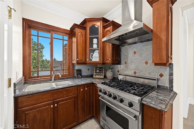 kitchen with tasteful backsplash, sink, high end stainless steel range, and ventilation hood