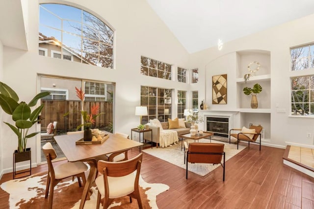 interior space with hardwood / wood-style floors, built in features, and high vaulted ceiling