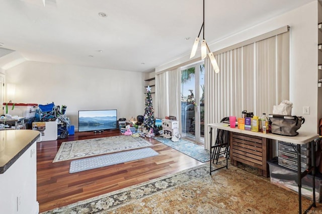 living room with dark hardwood / wood-style flooring and lofted ceiling