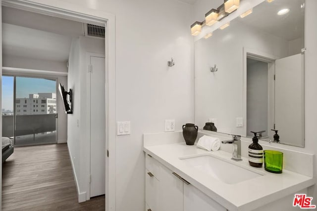 bathroom featuring vanity and hardwood / wood-style floors