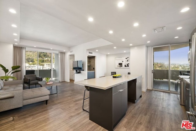 kitchen featuring wood-type flooring, plenty of natural light, a large island, and a kitchen breakfast bar