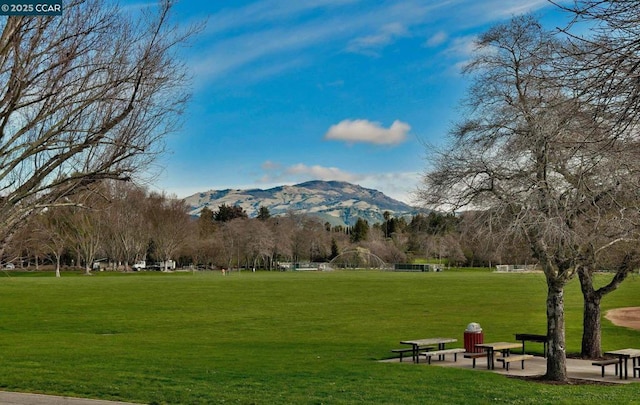 surrounding community featuring a mountain view and a yard