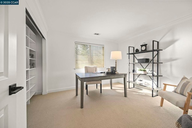 home office featuring ornamental molding and carpet flooring