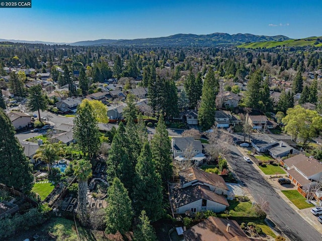 drone / aerial view featuring a mountain view