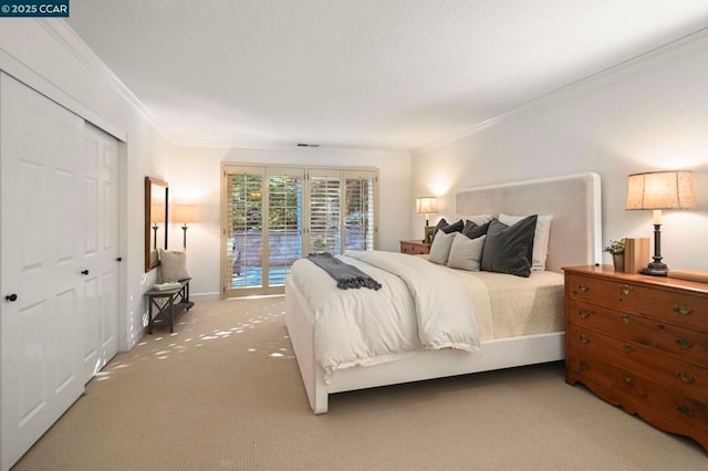 carpeted bedroom featuring ornamental molding, access to exterior, and a closet