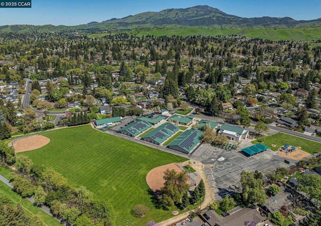 birds eye view of property featuring a mountain view