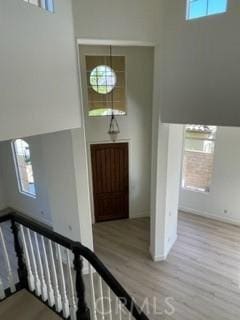 stairway featuring hardwood / wood-style flooring and plenty of natural light