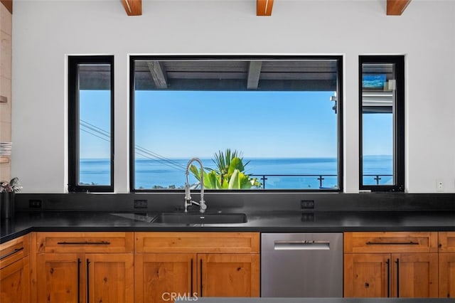 kitchen featuring a water view, sink, and stainless steel dishwasher