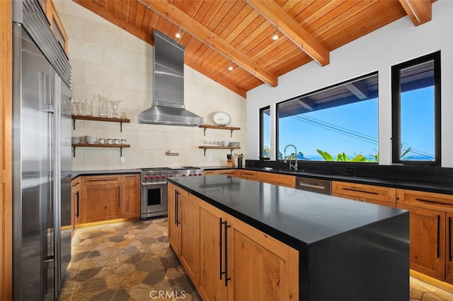 kitchen with a kitchen island, tasteful backsplash, premium appliances, wood ceiling, and wall chimney exhaust hood